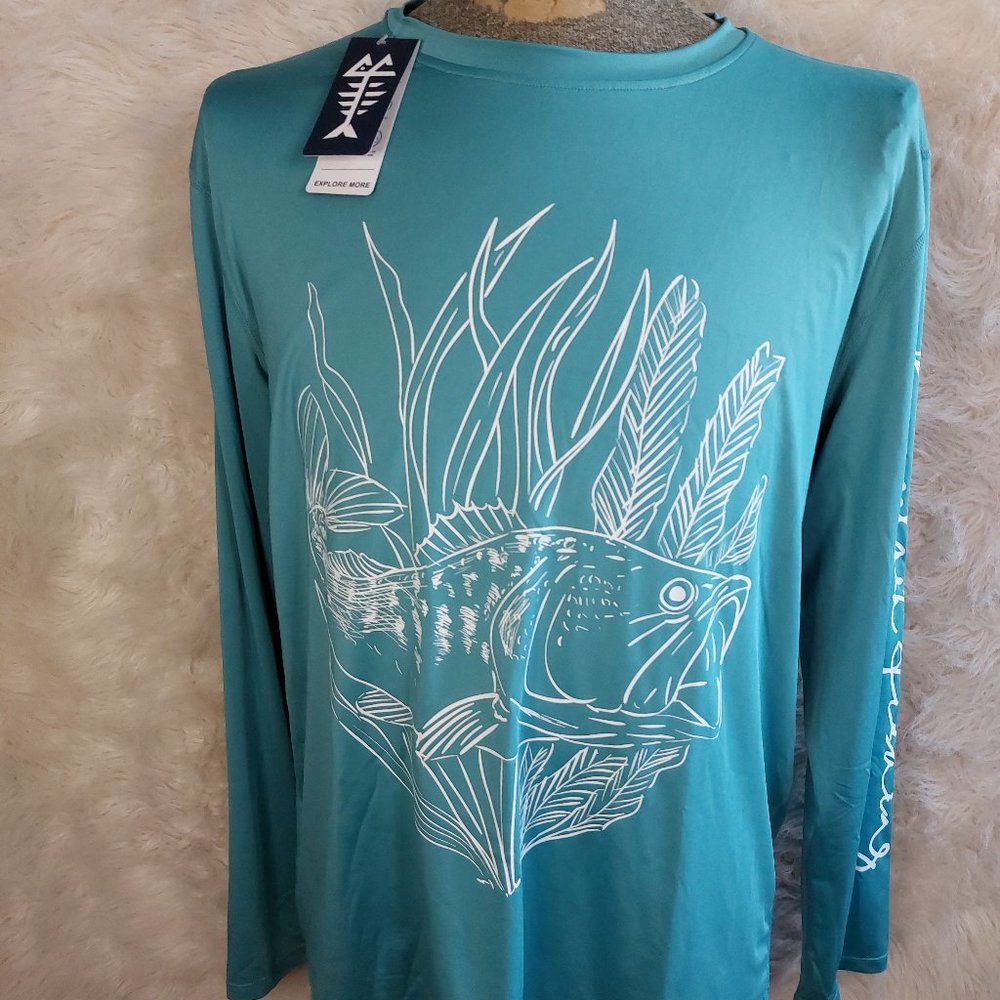 Bassdash Men's Blue Fishing Crew Neck Long Sleeves T-Shirt Size XL